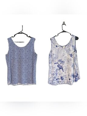 Chicos Reversable Tank Top Blue White Toile Print Blouse Floral Size 2 Large
